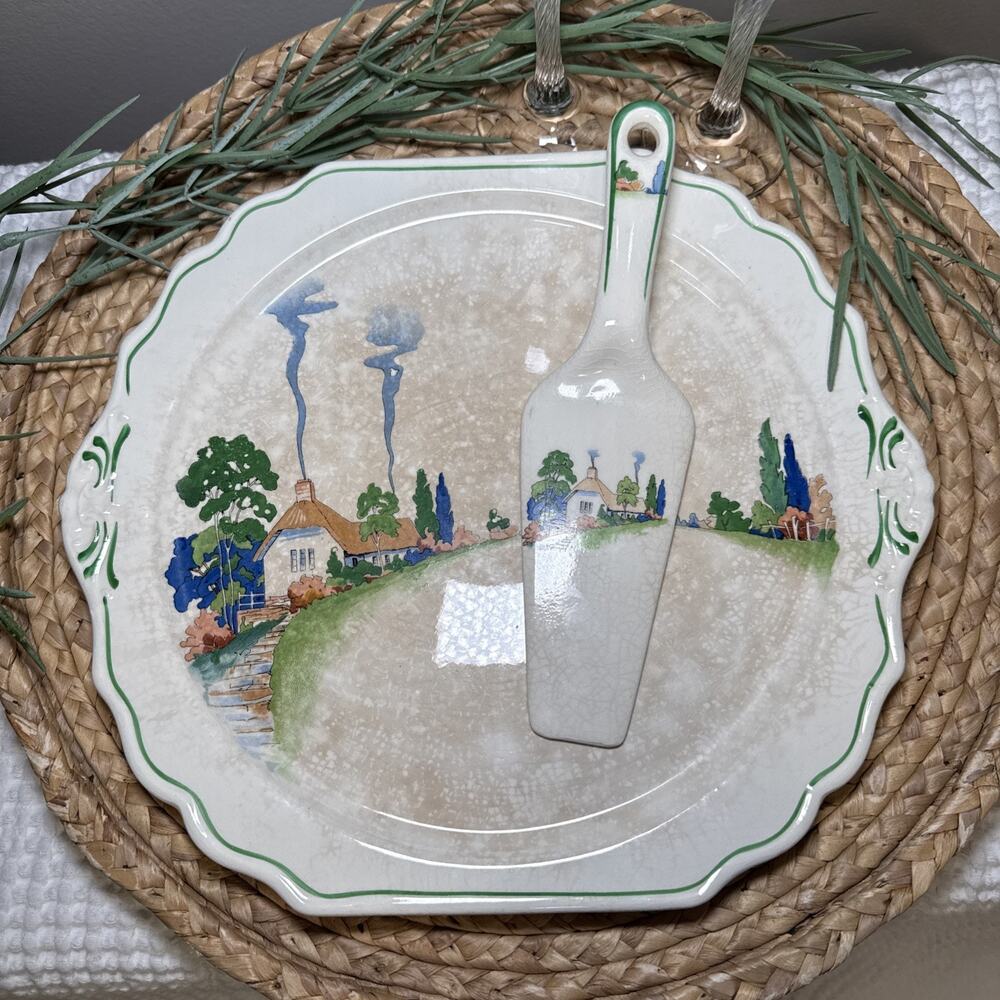 Harker Hotoven Chinawear Pottery Thatched Cottage Platter Cake Plate and Server - Picture 3 of 16